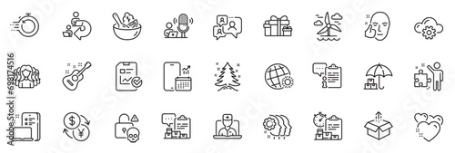 Icons pack as Send box, Employees teamwork and Report checklist line icons for app include Inventory report, Telemedicine, Podcast outline thin icon web set. Holiday presents. Vector
