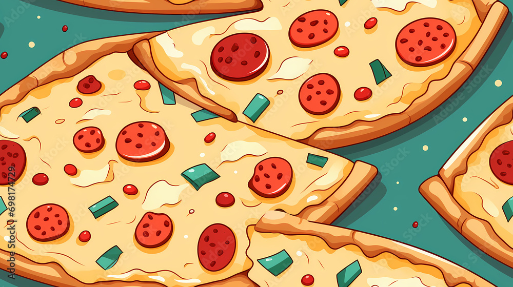 Funny seamless pattern with pizza, on a background. It can be used for packaging, wrapping paper, textile, home decor Funny seamless pattern with pizza, on a background. It can be used for packaging, wrapping paper, textile, home decor