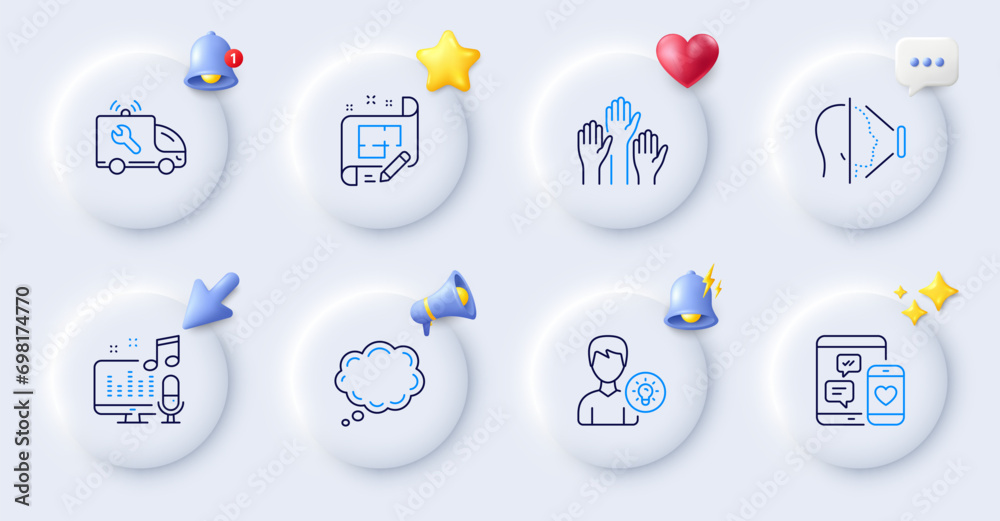 Podcast, Face id and Car service line icons. Buttons with 3d bell, chat speech, cursor. Pack of Social media, Voting hands, Architect plan icon. Comic message, Person idea pictogram. Vector Podcast, Face id and Car service line icons. Buttons with 3d bell, chat speech, cursor. Pack of Social media, Voting hands, Architect plan icon. Comic message, Person idea pictogram. Vector