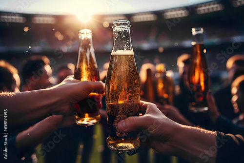 unrecognizable persons of Guys and joy after the soccer game. Joyful group of friends holding in hands bottle with beer, watching soccer and drinking lager. no faces. generative ai photo