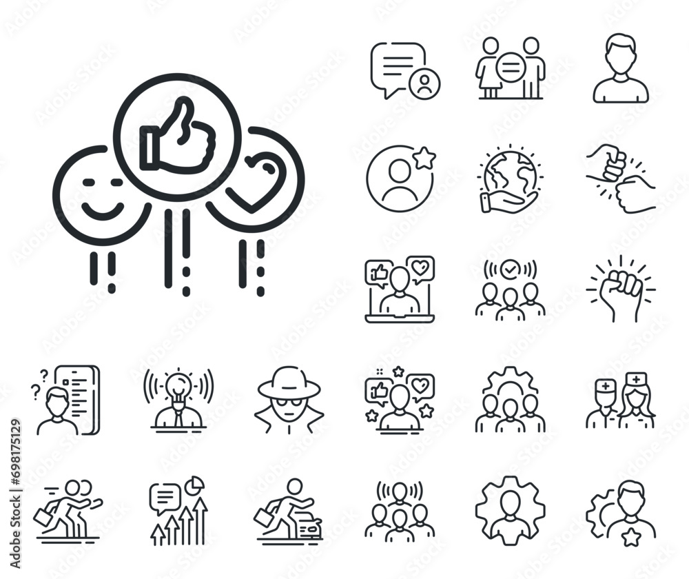 Thumbs up sign. Specialist, doctor and job competition outline icons. Social media like line icon. Positive smile and heart feedback symbol. Like line sign. Vector Thumbs up sign. Specialist, doctor and job competition outline icons. Social media like line icon. Positive smile and heart feedback symbol. Like line sign. Vector