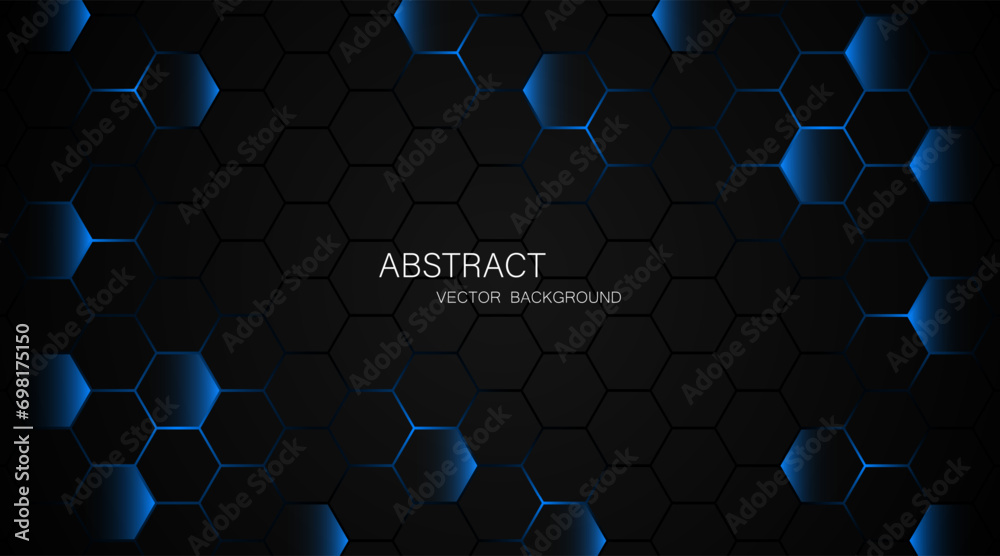Black steel mesh background with blue glow lines with empty space for design. Modern technology innovation concept. vector illustration background	 - obrazy, fototapety, plakaty 
