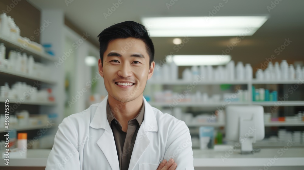 Pharmaceutical asian man in a pharmacy behind the counter smiling and looking at camera, medicine boxes unfocused in the background, realistic phography, 