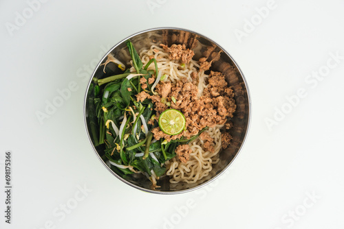 Mie Kangkung is popular food from Betawi, Jakarta. Noodle served with water spinach,soy braised chicken, beansprouts in rich chicken and soy broth.