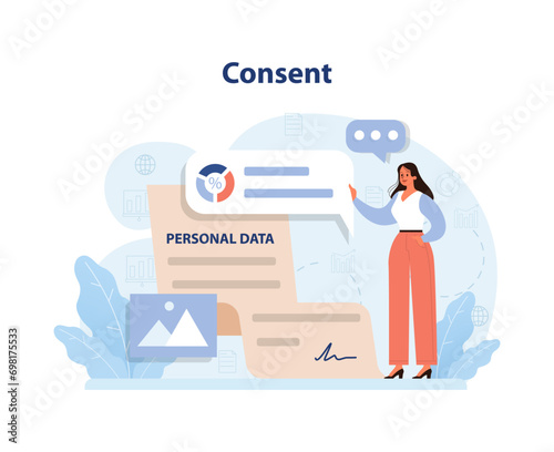 Consent concept illustration. A professional woman gestures towards a personal data form, emphasizing user agreement and data protection amidst urban elements. Flat vector illustration