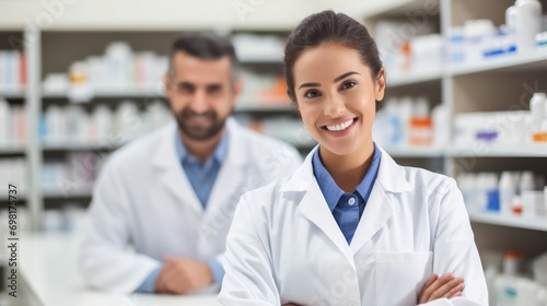 Professional pharmacist serving a customer behind the counter in a pharmacy photo