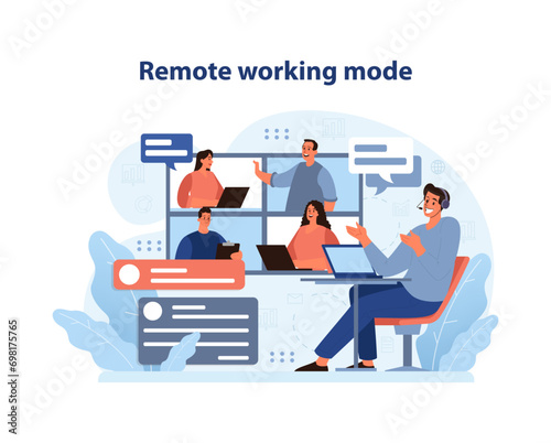 Remote Working mode. A dynamic team engages in digital collaboration across a virtual office space, embracing the flexibility of remote work. Flat vector illustration.