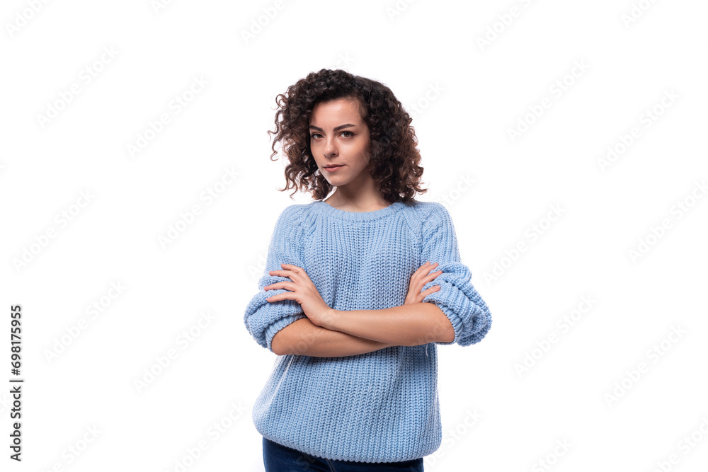 young authentic brunette woman with curly hairstyle on white background with copy space young authentic brunette woman with curly hairstyle on white background with copy space