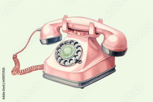 old pink corded rotary telephone illustration. Vintage landline telecommunication device photo