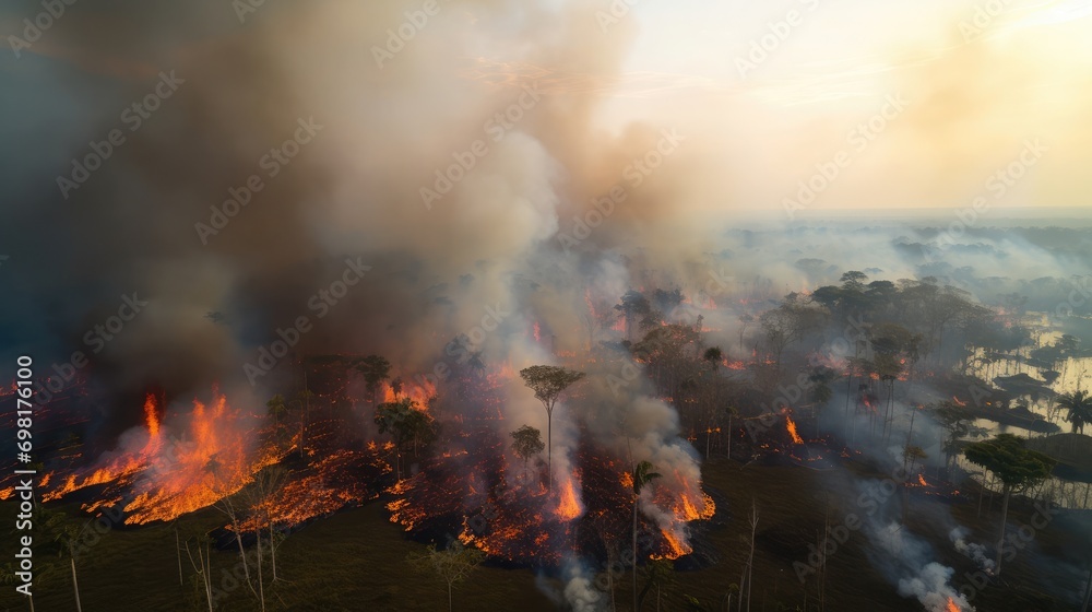 A photograph of a drone view of the whole amazon burning, photograph, rich in detail, 4k