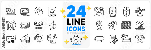 Icons set of Messenger, Growth chart and Loyalty ticket line icons pack for app with 24h service, Toolbox, Spanner tool thin outline icon. Timer, Cash back, Idea head pictogram. Vector