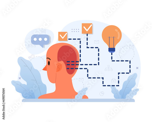 Divergent thinking concept. Profile of a person showcasing brainstorming process, idea generation, and strategic thought. Illuminating lightbulb, checklist, and chat bubble elements. Flat vector