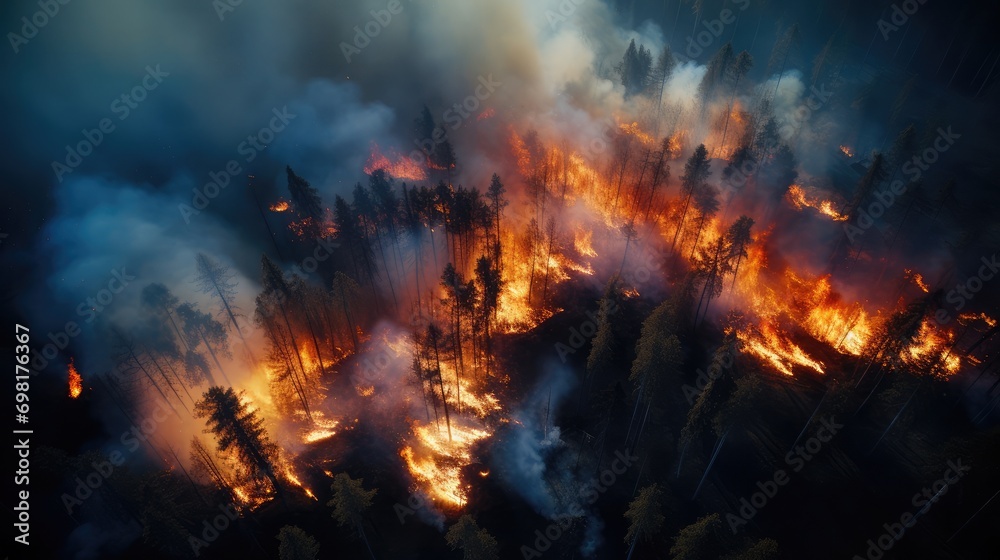 Aerial photography at high altitude of a fire in a forest