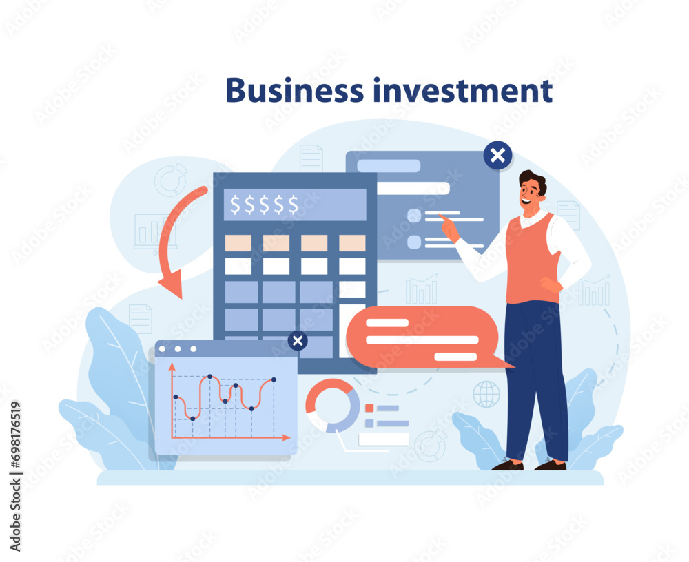 Confident businessman showcases financial tools for efficient business investment. Evaluating growth metrics, charts, and calculators for optimal asset diversification. Flat vector illustration Confident businessman showcases financial tools for efficient business investment. Evaluating growth metrics, charts, and calculators for optimal asset diversification. Flat vector illustration