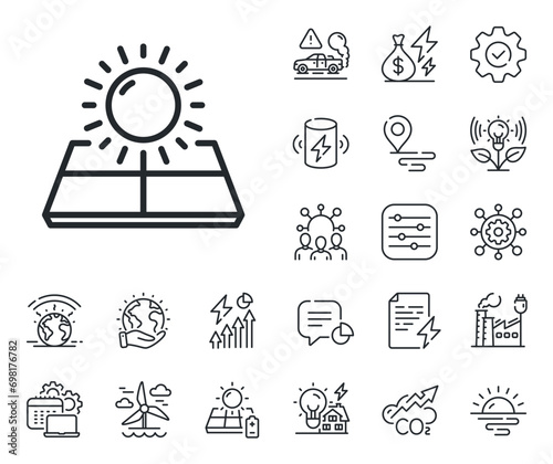 Solar panels sign. Energy, Co2 exhaust and solar panel outline icons. Sun energy line icon. Ecology power symbol. Sun energy line sign. Eco electric or wind power icon. Green planet. Vector
