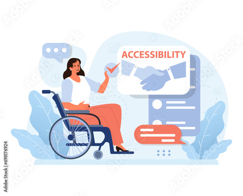 Inclusive workplace focus on accessibility. Woman in wheelchair interacts with digital platform, underscoring equal opportunities and adaptive environments. Barrier free professional growth.