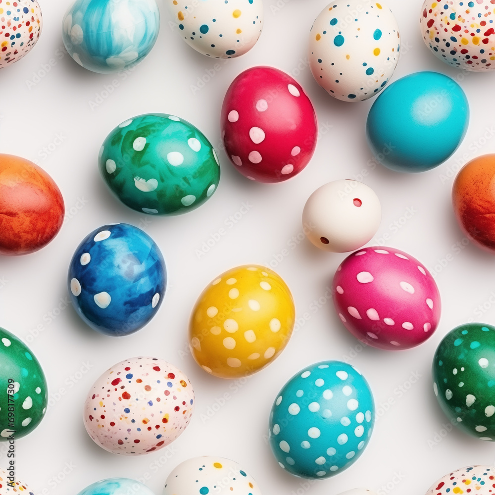 Seamless pattern with bright and colored eggs on a white background. Design for backgrounds, wallpapers and cards, web, mail