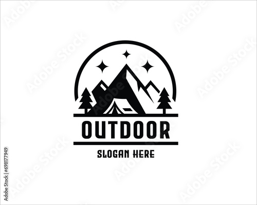 outdoor adventure logo. mountain, fire silhouette badge. camping and hiking logo design