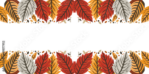 Horizontal seamless Autumn leaf border pattern with hand drawn colorful leaves. Fall vector illustration