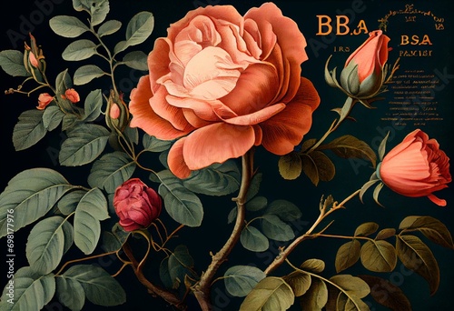 Old illustration of Rosa alba regalis. Created by P. R. Redoute, published on Les Roses, Imp. Firmin Didot, Paris, 1817-24. Generative AI photo