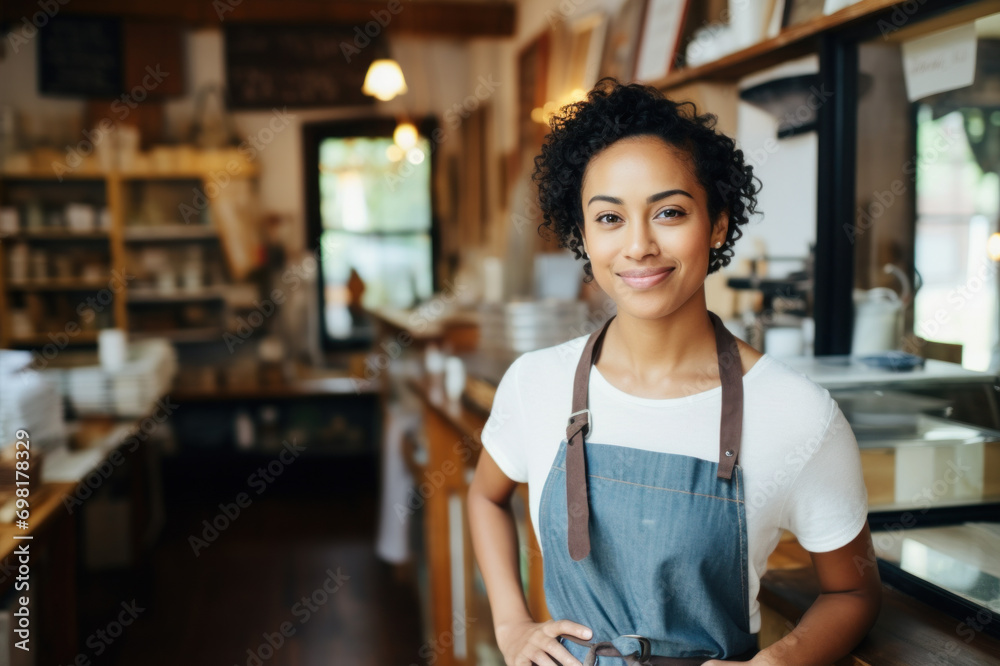 Smiling black American woman, barista bartender in cafe restaurant or coffee shop