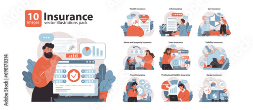 Insurance set. Comprehensive coverage options for life, health, home, and travel. Safeguarding assets against uncertainties. Essential financial planning tools demonstrated. Flat vector illustration.
