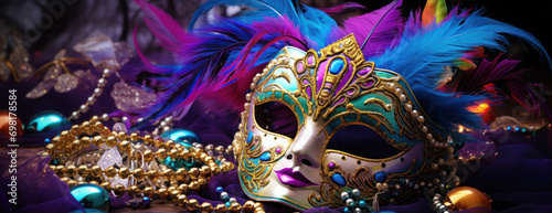 Banner with Mardi gras festive carnaval mask.  © Slepitssskaya