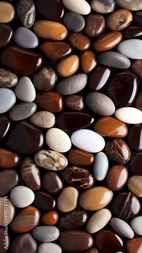 Diverse polished chocolate stones, a rich tapestry of edible textures. Smooth chocolate pebbles, an array of creams and browns for a luxury mix. Variety of chocolates resembling river-washed stones