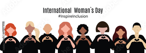 International Women s Day concept holiday. Diverse women with heart-shaped hands stand together. Campaign 2024 inspireinclusion