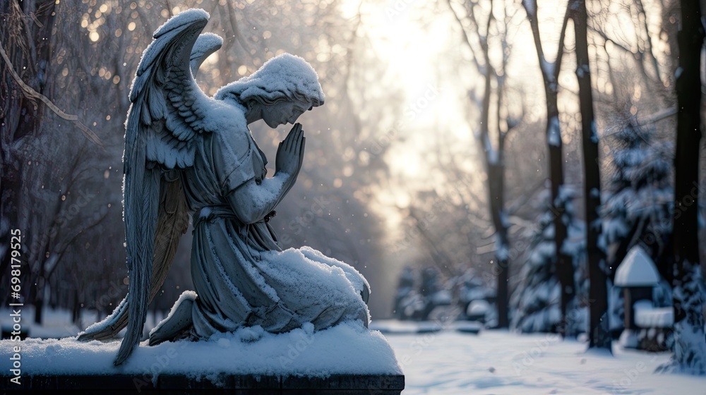 Statue of praying angel sitting dense snowy park landscape. Card, banner for loss, grieving, condolence, mourning. Winter scene for sad emotions - obrazy, fototapety, plakaty 