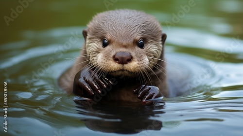 A baby otter floating on its back, its tiny paws held together.