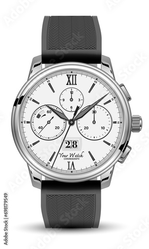 Realistic watch clock chronograph face silver dark grey rubber strap on white design classic luxury vector