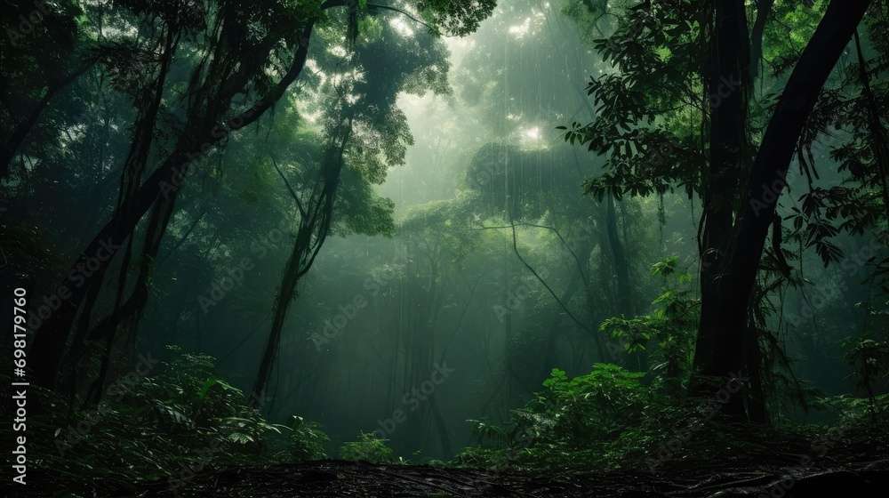 Obraz premium there are towering trees in the lush forest, towering into the clouds like green towers. The canopy layer of these large trees covers the entire sky, like a green canopy. 