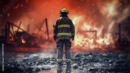 The reproachful firefighter stood solemnly at the scene of the fire, directing the rescue work, use filter photography, abstract expressionism, 32K, hyper quality photo