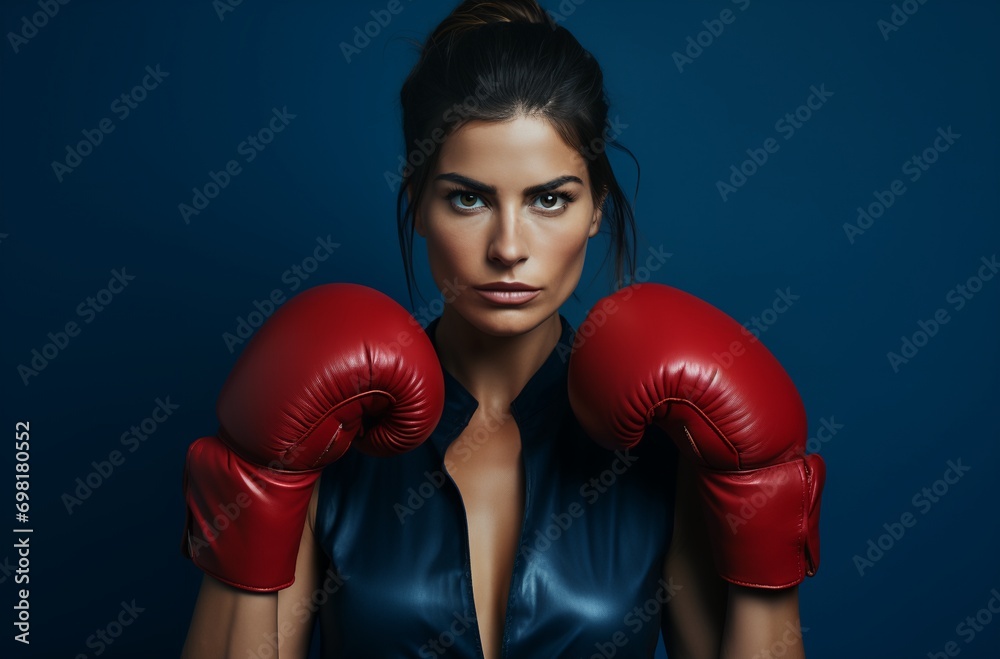 Woman in a blue dress and red boxing gloves