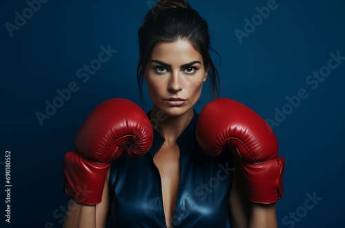 Woman in a blue dress and red boxing gloves