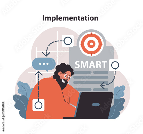 Professional diving deep into Implementation using SMART methodology. Targets set, laptop engagement, interconnected strategies. Precision, task execution, informed decisions. Flat vector illustration