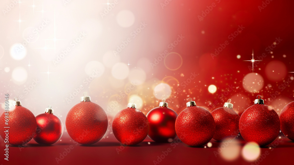 Christmas background with red baubles on red bokeh background. Red New Year background with red gold Christmas charms with glowing bokeh background. Christmas background with red baubles on red bokeh background. Red New Year background with red gold Christmas charms with glowing bokeh background.