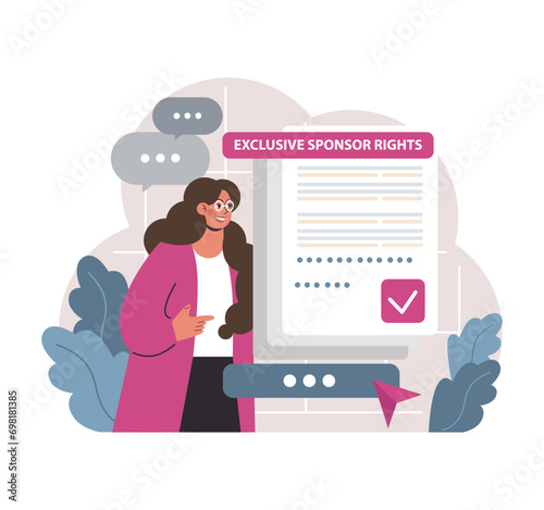 Delving into sponsorship. Woman with magnifying glass scrutinizes the concept, while emotive icons hover around. Laptop aids research. Insights, commitment, and passion at play. vector illustration