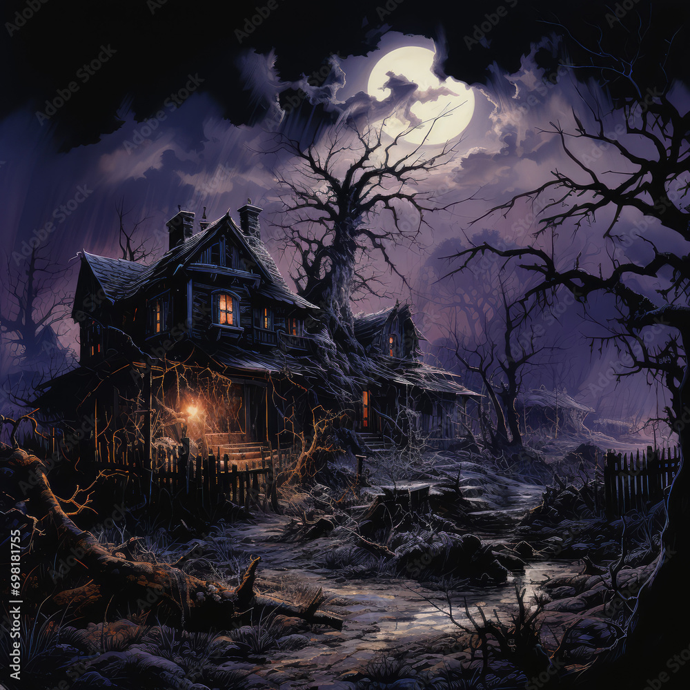 Halloween night scene with haunted house and moonlight. Halloween background