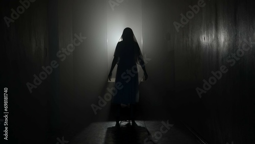 Portrait of ghost female in the house. Woman in white dress with veil covering her face walking in the room with lightning.