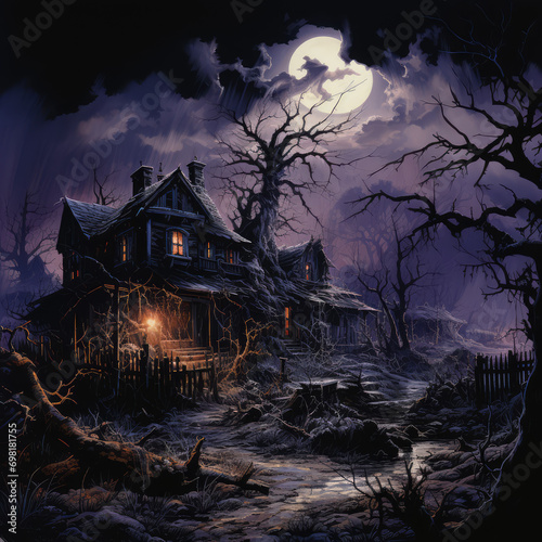 Halloween night scene with haunted house and moonlight. Halloween background