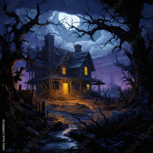 Halloween night scene with haunted house and moonlight. Halloween background
