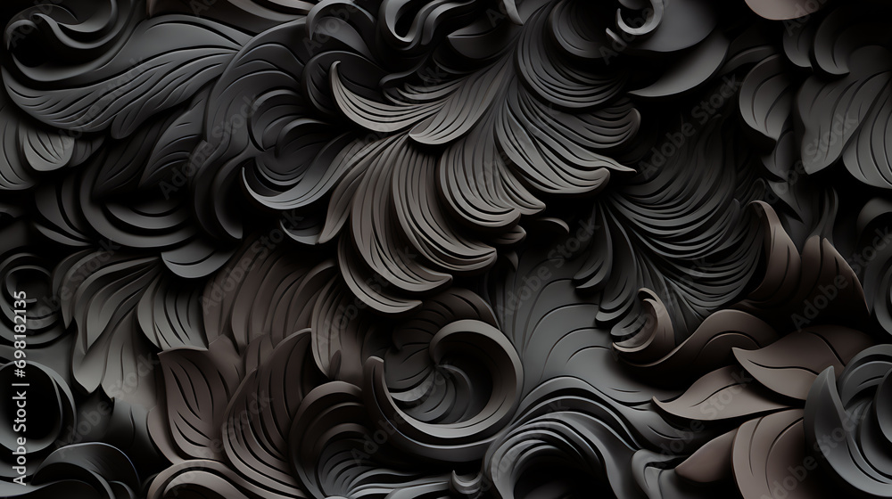 Black floral ornament with flowers and curls in a retro style Black floral ornament with flowers and curls in a retro style