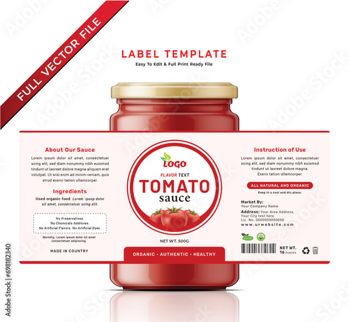 Tomato sauce label bottle jar food sticker packaging design. photo