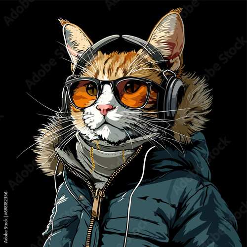 hyper realistic illustration cool cat with glasses cat shades cat hoodie cool stylish cat hoodie shades cat looking at camera cat lover