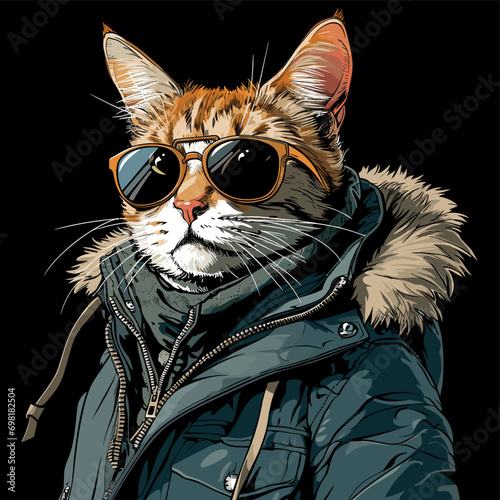 hyper realistic illustration cool cat with glasses cat shades cat hoodie cool stylish cat hoodie shades cat looking at camera cat lover