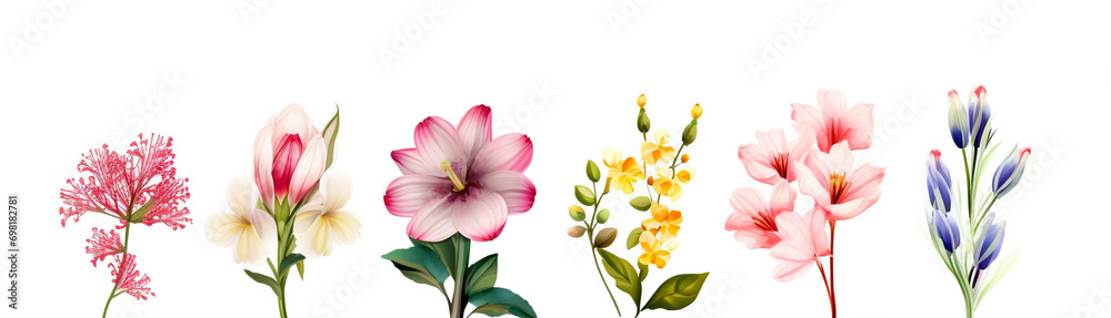 Fototapeta premium Watercolor spring flowers set. Hand drawn illustration on white background. Set of different beautiful flowers on white background. Banner design.