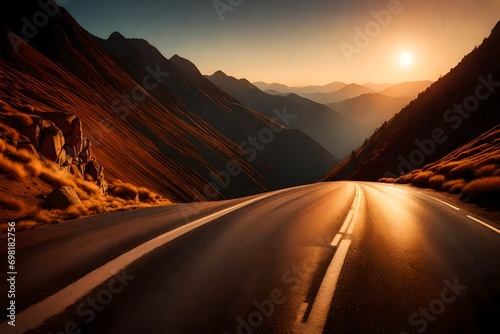 Winding road in the mountains at sunset, stretching into the distance 
