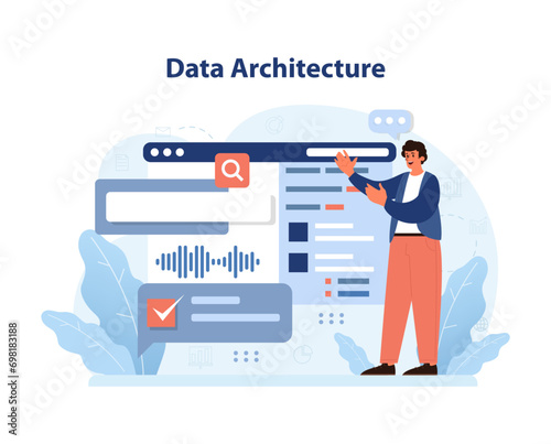 Data Architecture concept. Expert showcases digital structure, emphasizing search, analysis, and verification. Streamlined data management, efficient database design, detailed system overview.